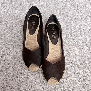 Lauren Ralph Lauren Dark Brown Espadrille Peep Toe Wedge 8.5
